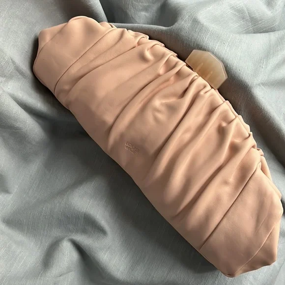NWOT, LOUISE et CIE Loni Pleated Leather Clutch, Sculpted Clasp, Baguette Shape